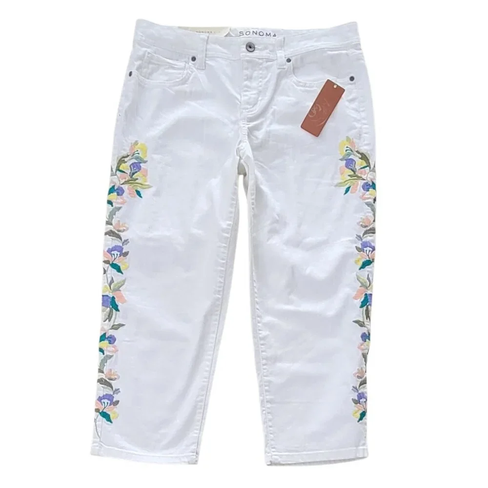 Embroidered Boho Crisp White Denim Cropped Jeans Modern Fit NEW NWT